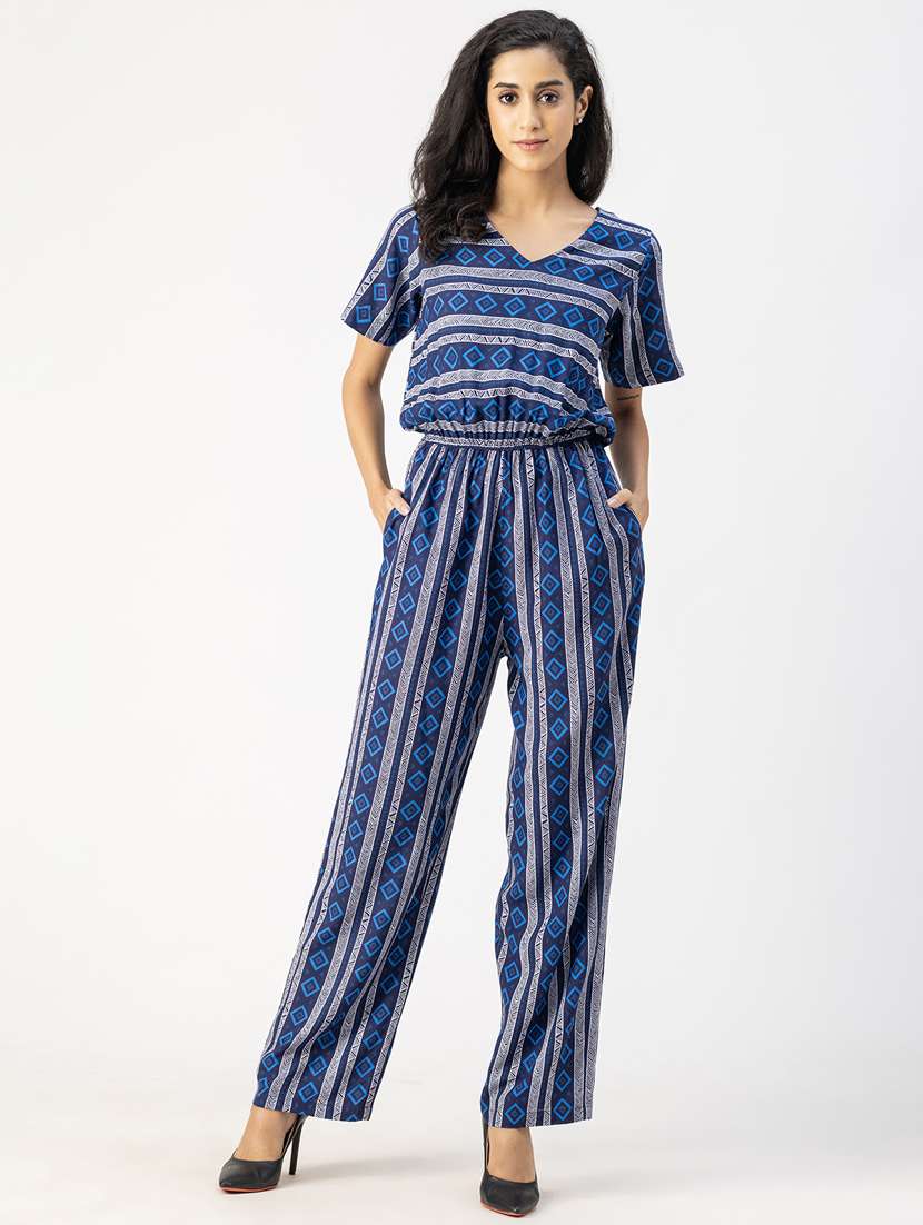 women navy blue printed full leg jumpsuit