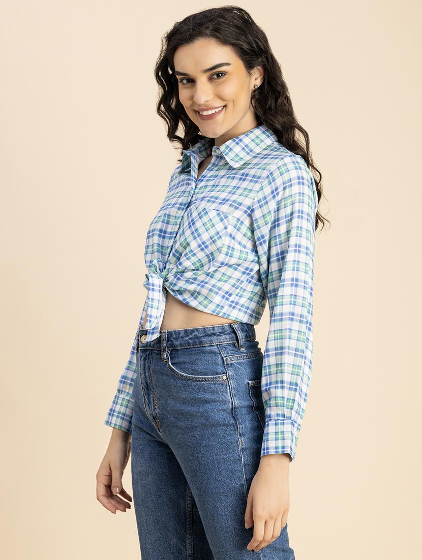 light blue rayon crop shirt - 20852445 - Standard Image - 2