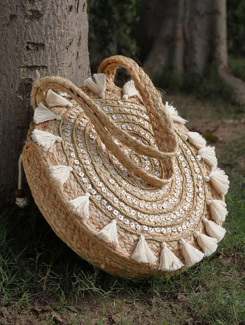 beige jute embellished tote bag