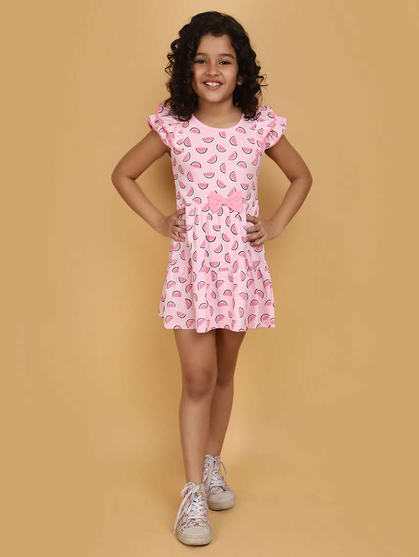 girls pink round neck printed frock