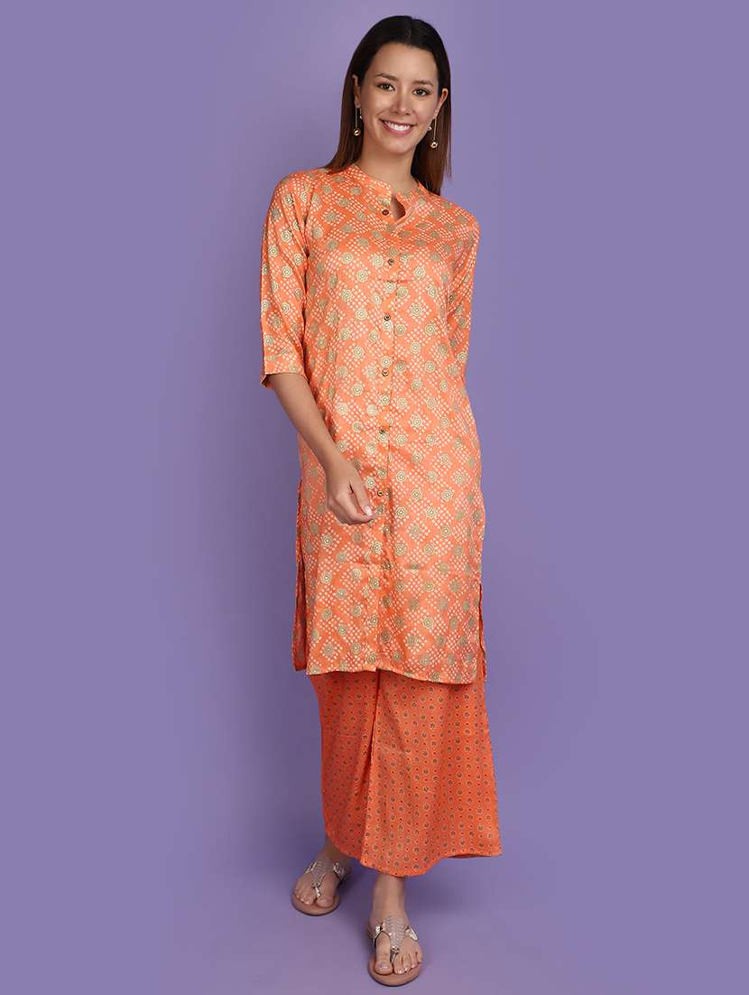 women orange printed kurta palazzo set
