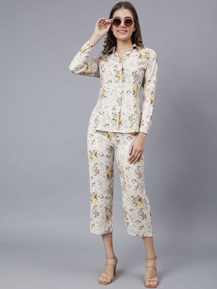 women beige floral printed nightwear set
