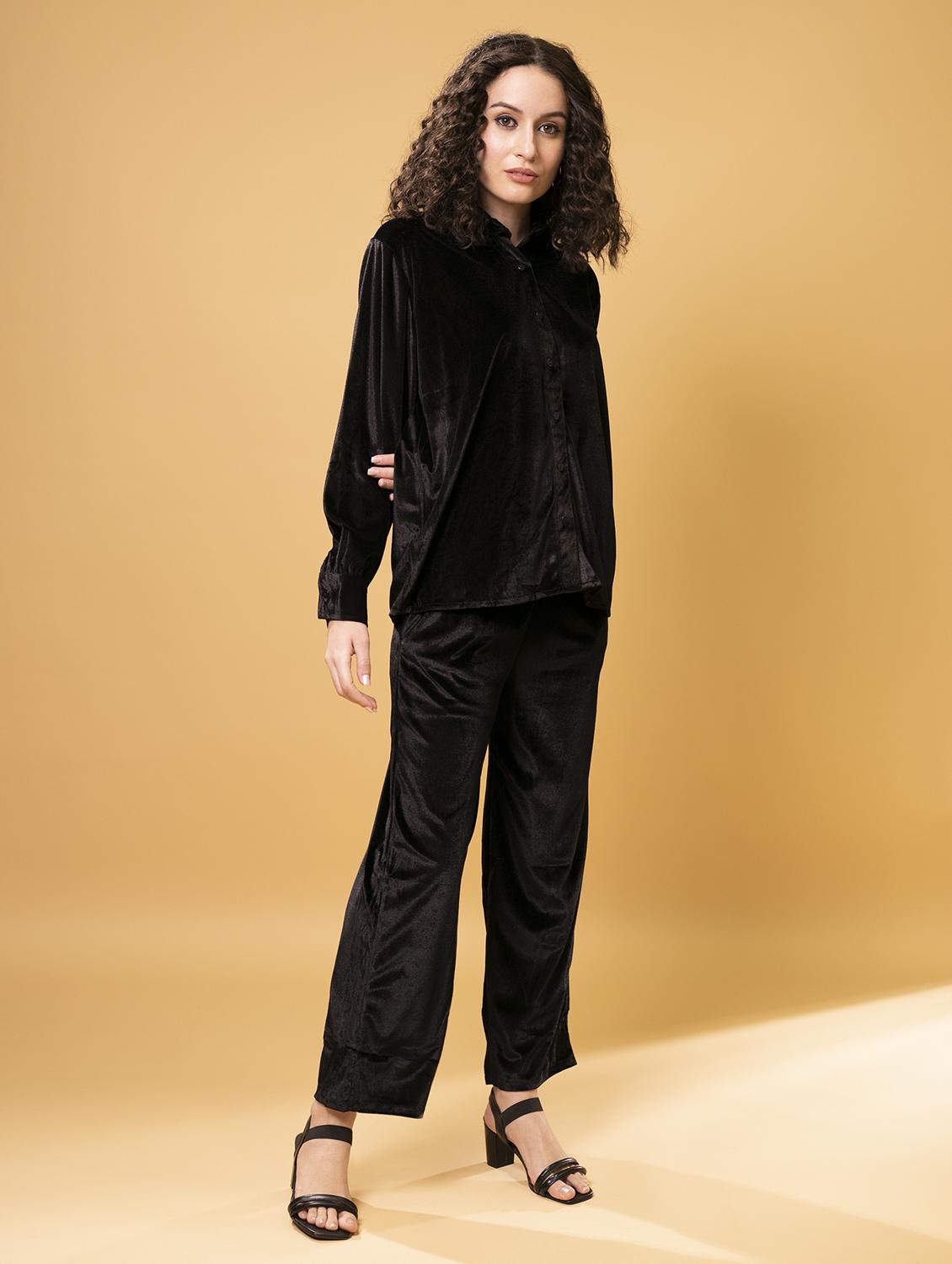 solid black velvet shirt & trouser coord set - 20852887 - Standard Image - 2