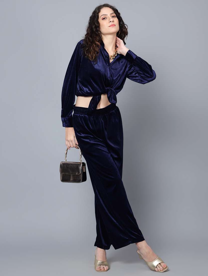 women blue solid top and trouser co-ord set