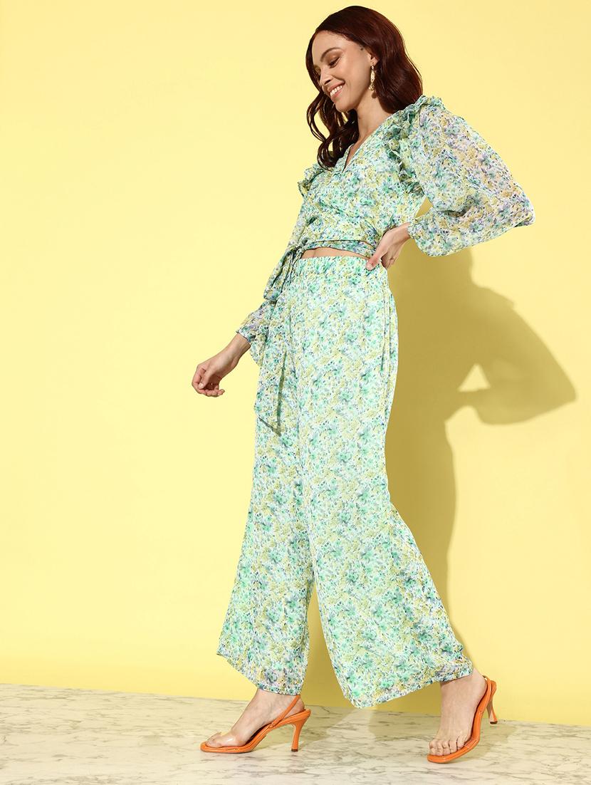green printed chiffon top & palazzo coord set - 20852907 - Standard Image - 2