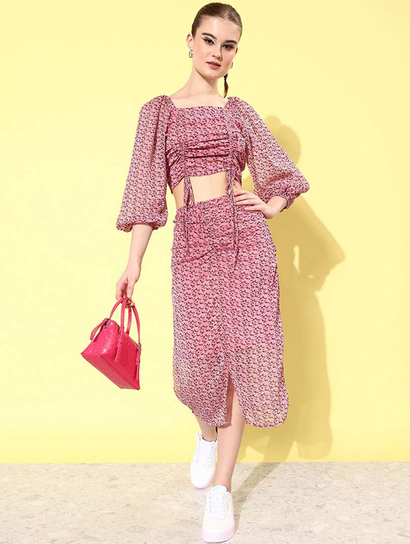 pink printed detailed top & skirt set