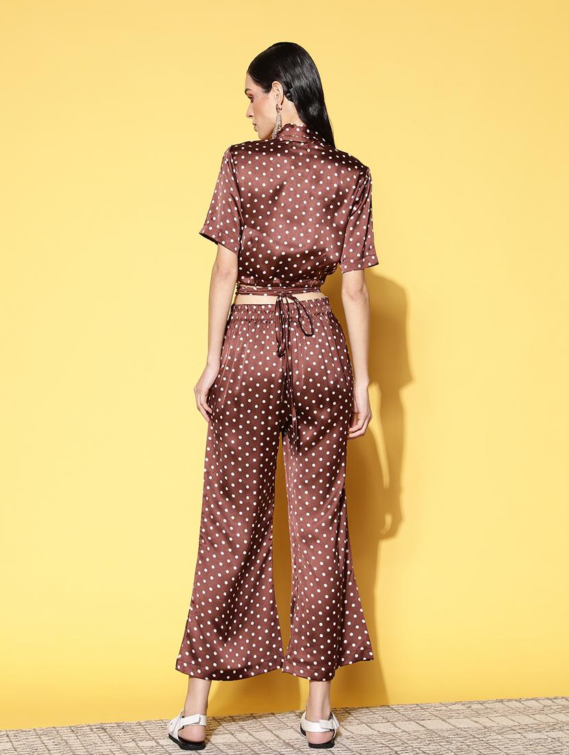 women brown polka dot printed top and trouser co-ord set - 20852912 - Standard Image - 2