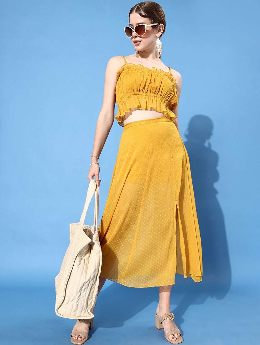 yellow self design top & skirt coord set