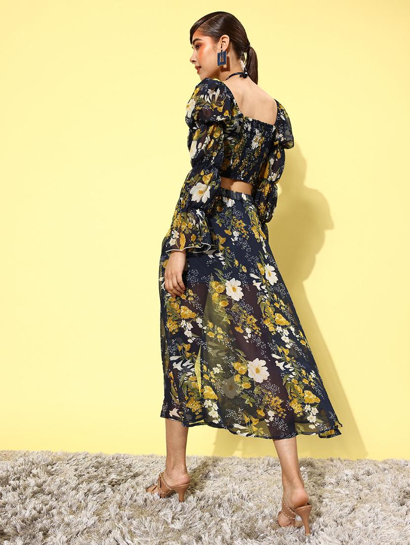 navy blue floral printed top & skirt coord set - 20852938 - Standard Image - 2