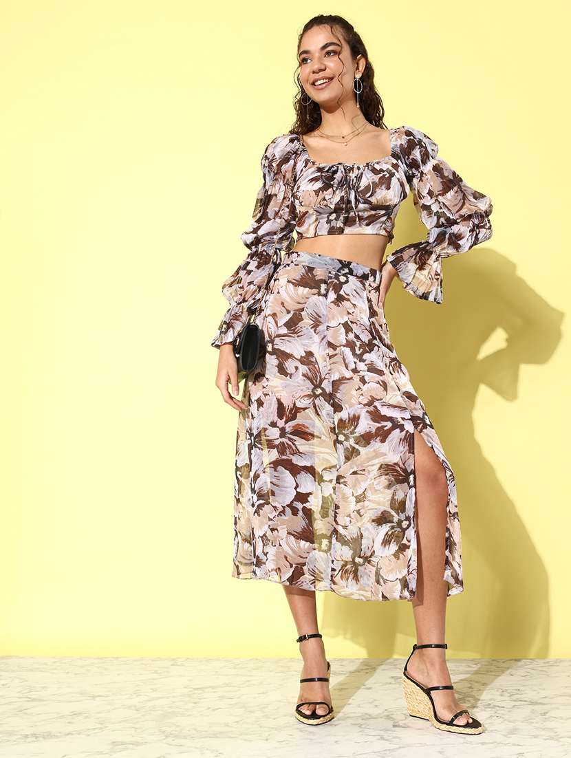 brown floral printed top & skirt coord set