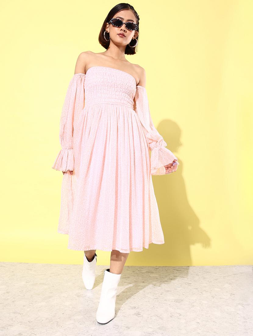 pink printed smocked detailed fit & flare dress - 20852964 -  Zoom Image - 0