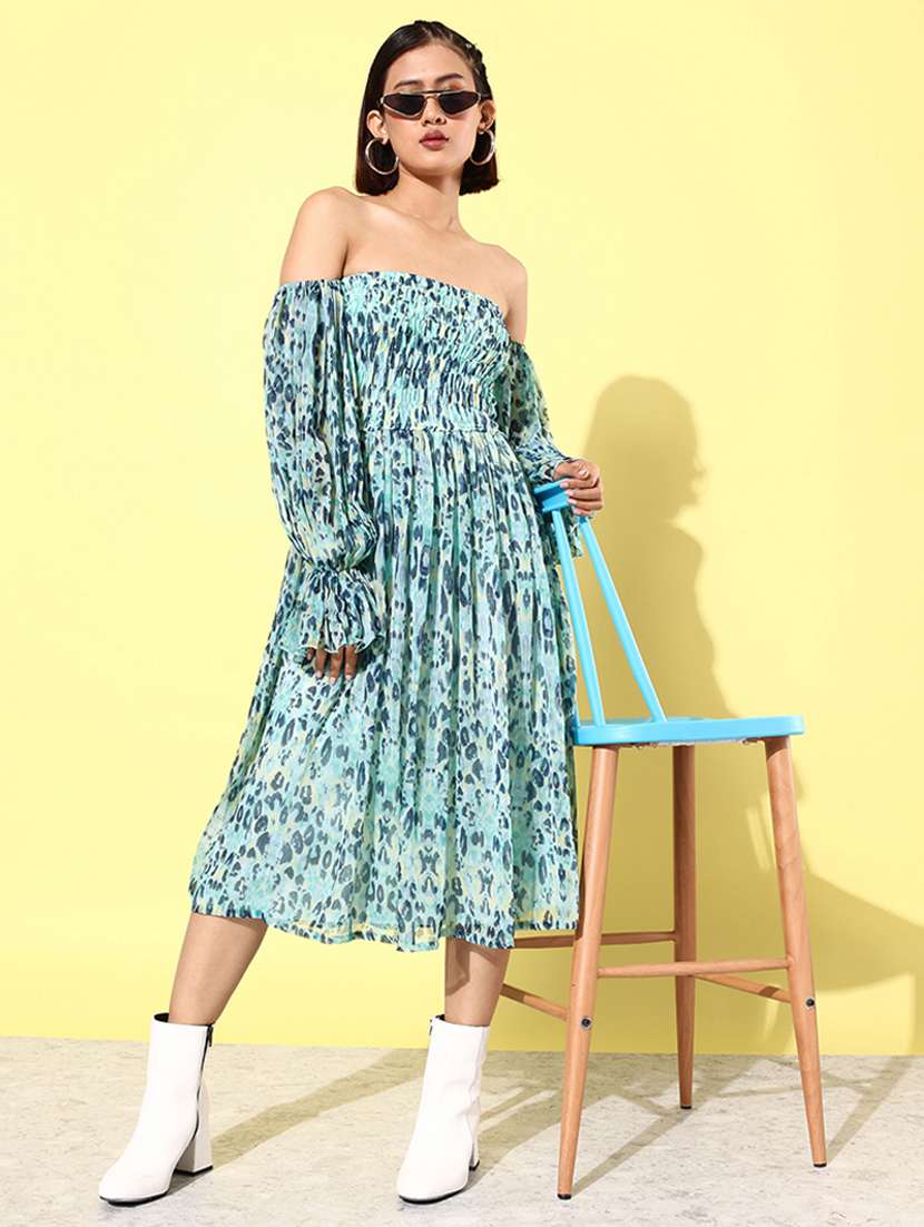 women light blue animal printed fit & flare dress