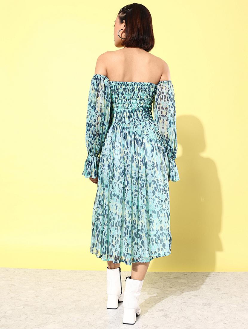 women light blue animal printed fit & flare dress - 20852966 - Standard Image - 2