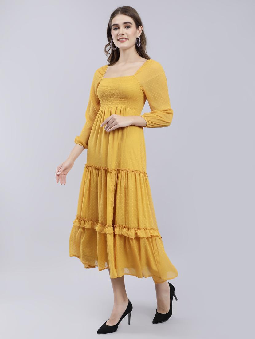 yellow self design smocked fit & flare midi dress - 20852968 - Standard Image - 2