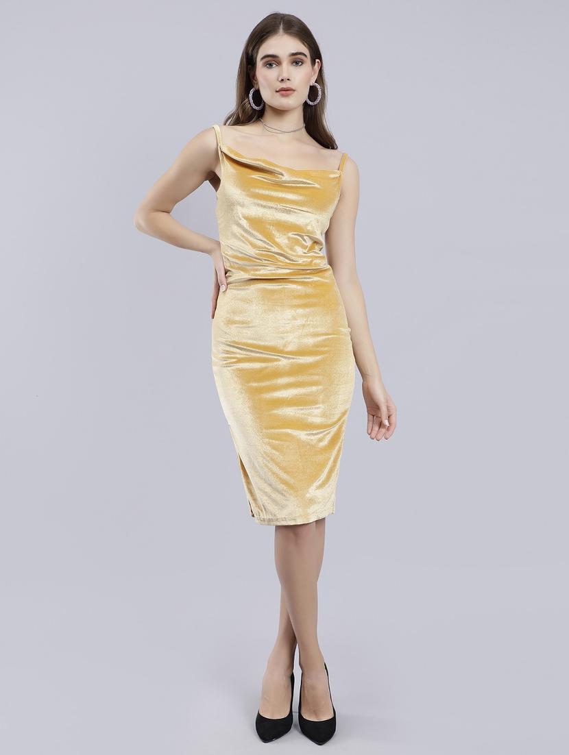 solid gold velvet bodycon dress