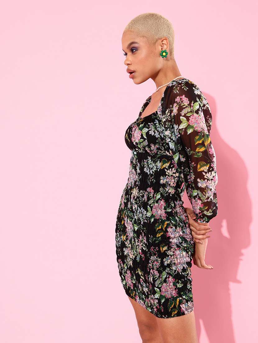 women black floral printed bodycon dress