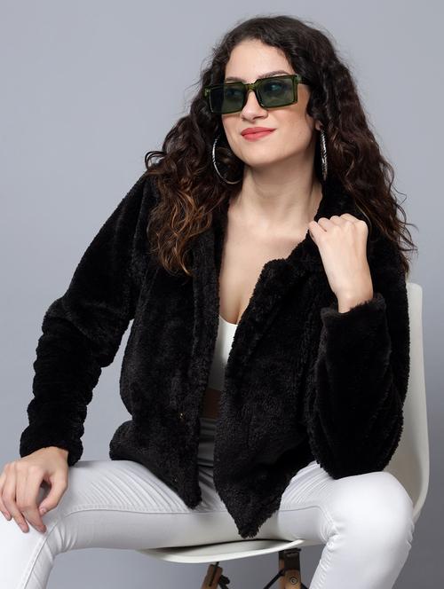solid black fur detailed jacket - 20853042 - Standard Image - 0