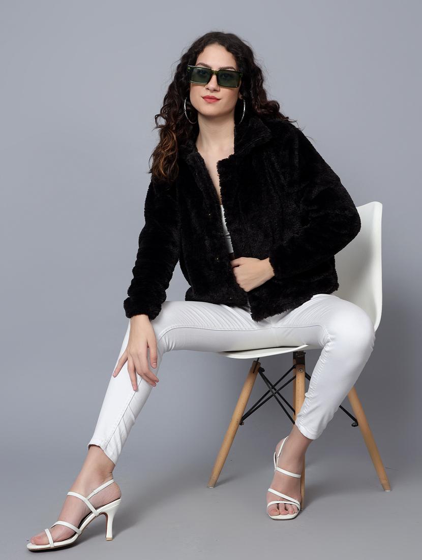solid black fur detailed jacket - 20853042 - Standard Image - 2
