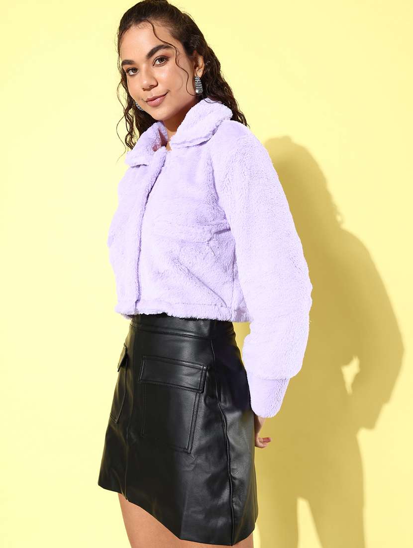 women purple solid fur jacket