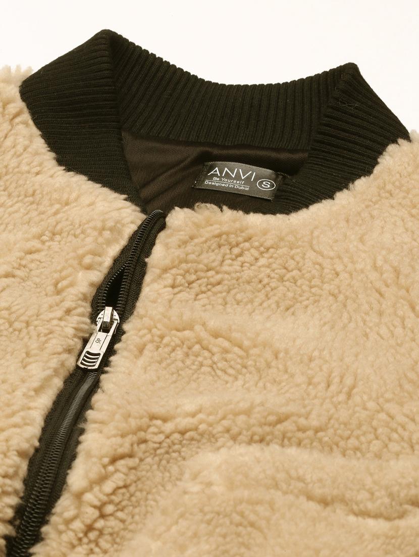 women beige solid fur jacket - 20853050 - Standard Image - 2