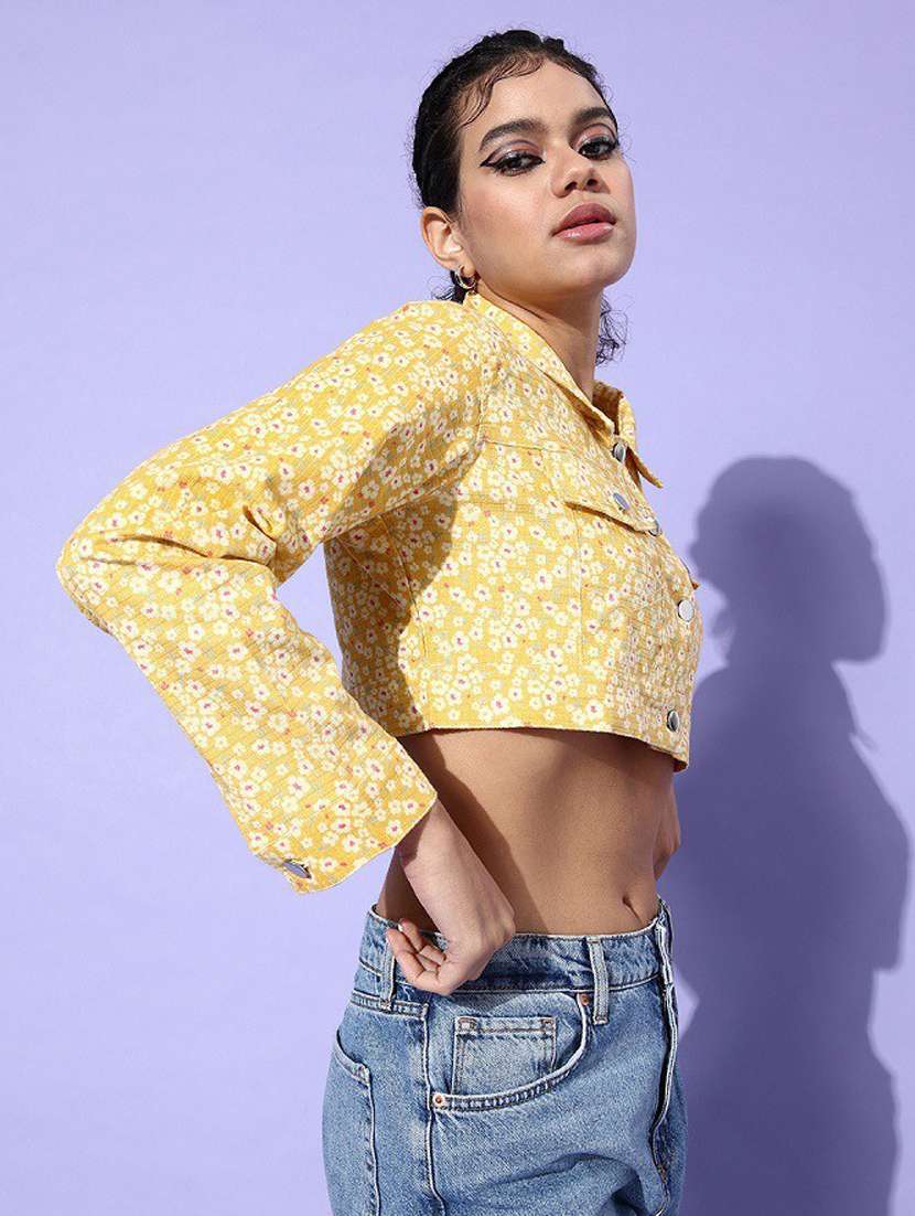 yellow floral printed cotton blend short jacket