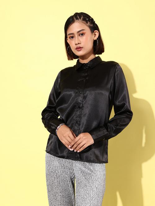 black satin solid shirt - 20853079 - Standard Image - 0