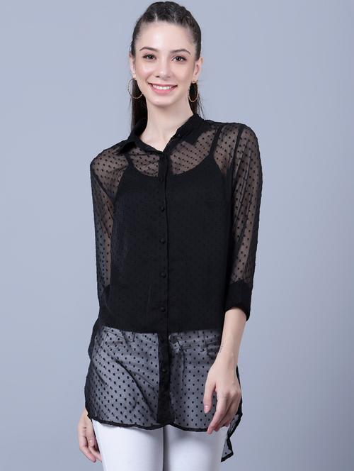 black chiffon dobby long shirt - 20853086 -  Standard Image - 0