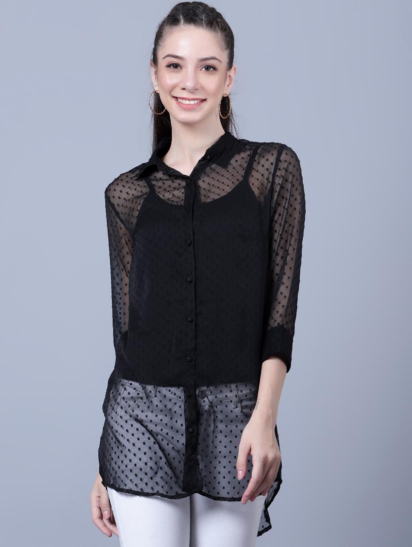 black chiffon dobby long shirt - 20853086 -  Zoom Image - 0