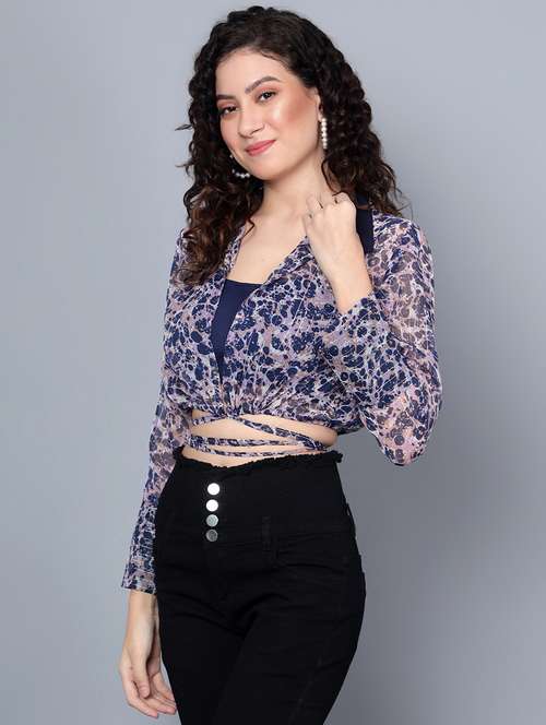 blue chiffon crop shirt - 20853088 -  Standard Image - 0