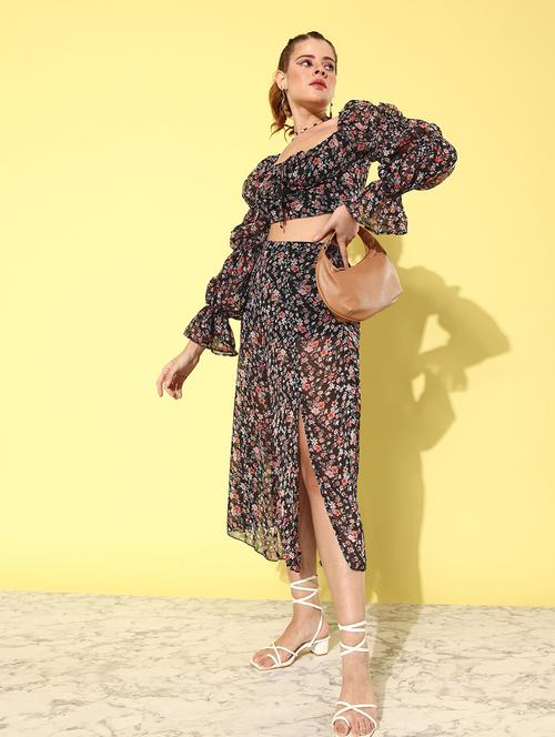 women mid-rise black floral printed a-line skirt - 20853130 - Standard Image - 0