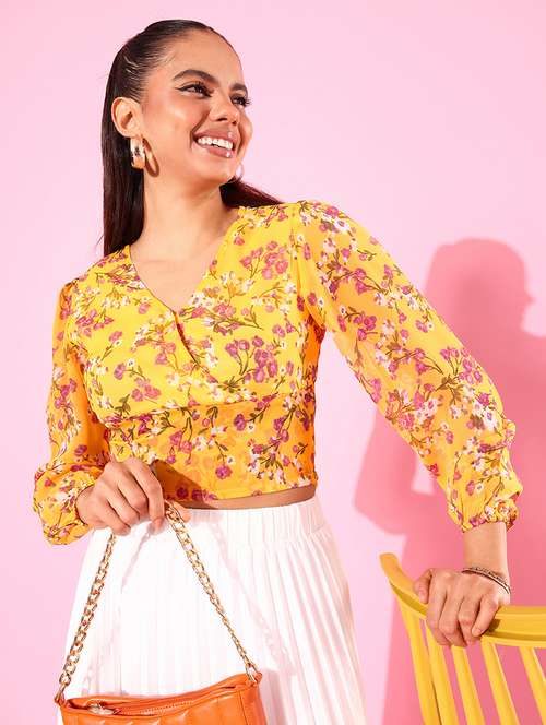 women yellow floral printed crop top - 20853157 -  Standard Image - 0