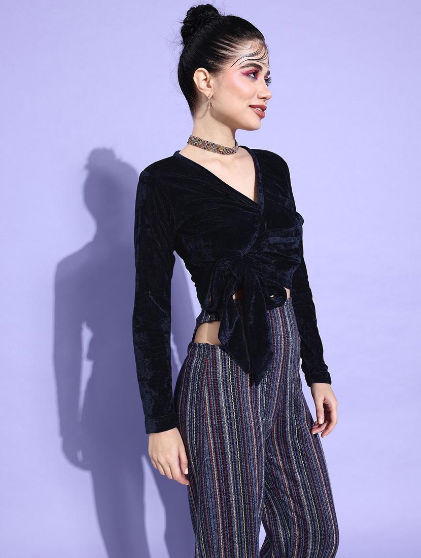 solid navy blue velvet crop top - 20853201 -  Zoom Image - 0
