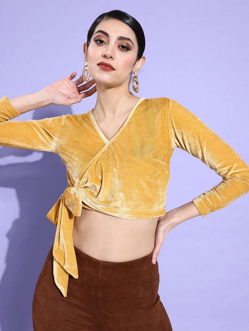 women gold solid crop top