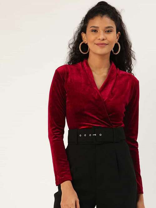 solid maroon velvet bodysuit top - 20853258 -  Standard Image - 0