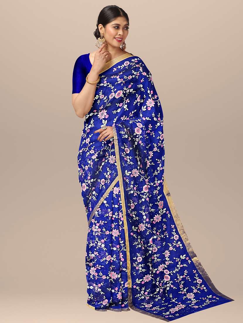 women blue embroidered saree with blouse