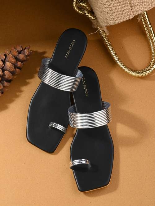 silver synthetic slip on sandals