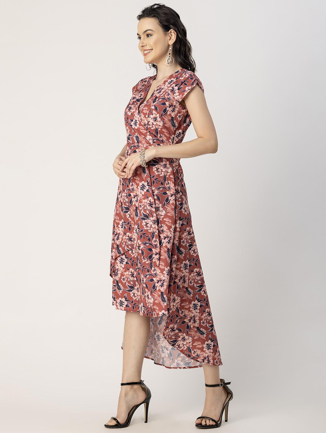 women rust floral printed high low dress - 20856135 - Standard Image - 2
