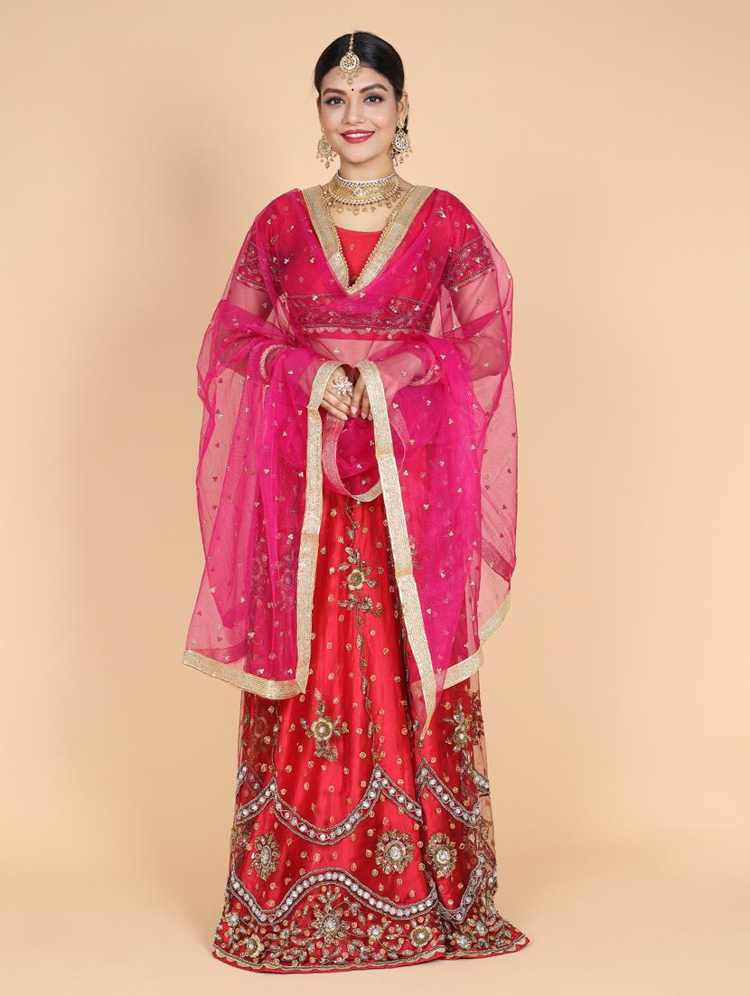 pink net lace bordered dupatta - 20857621 -  Zoom Image - 0