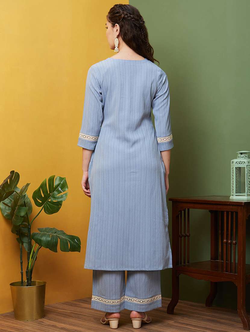 globus women grey floral embroidered yoke side slits straight kurta & lace hem pants set - 20857854 -  Standard Image - 2