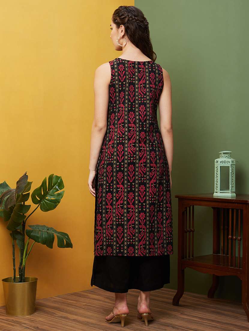 globus women black ethnic motifs kantha work round neck straight kurta & wide leg trouser set - 20857875 - Standard Image - 2