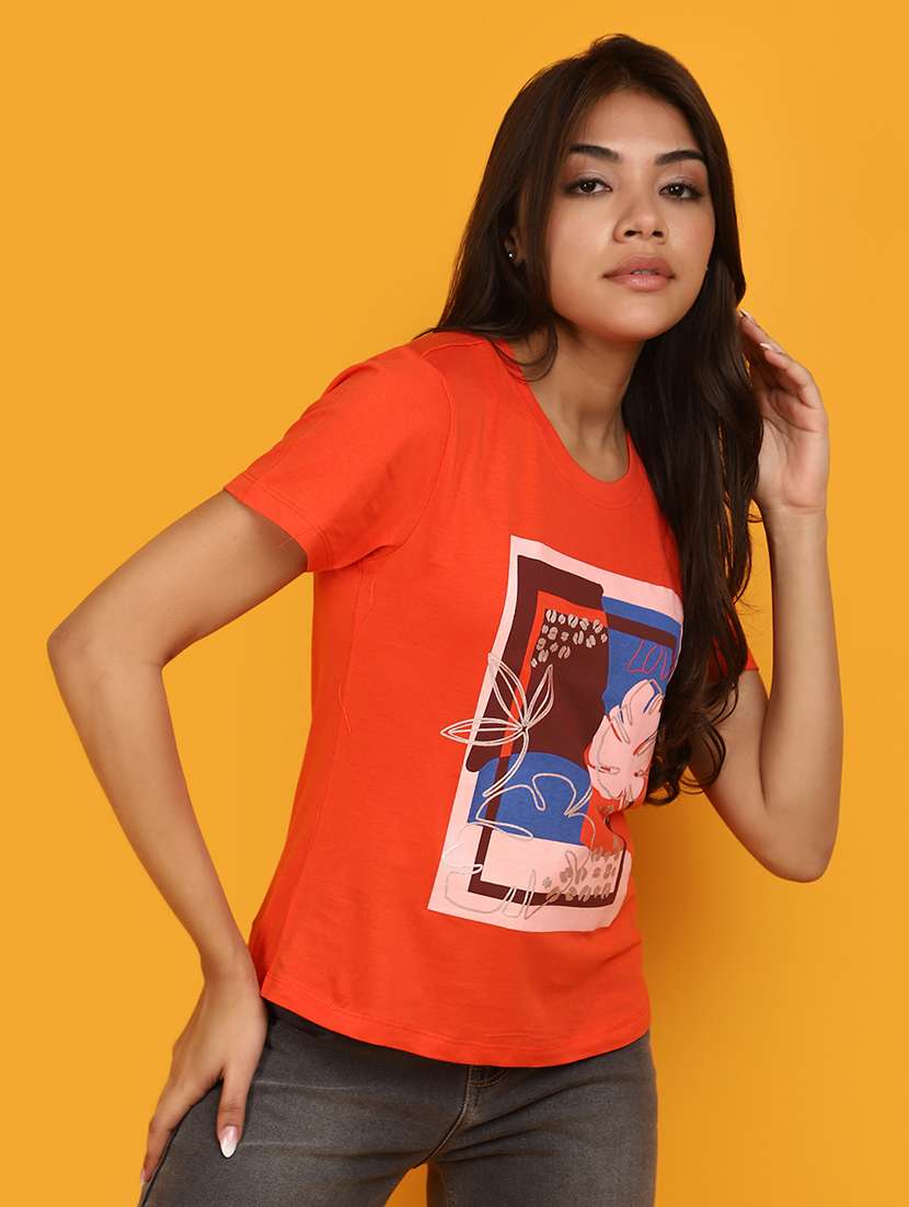 orange cotton front print t-shirt