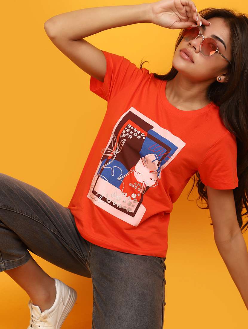 orange cotton front print t-shirt - 20862803 -  Standard Image - 2
