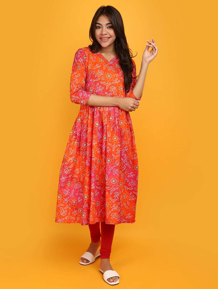 pink & orange cotton bandhani print kurta