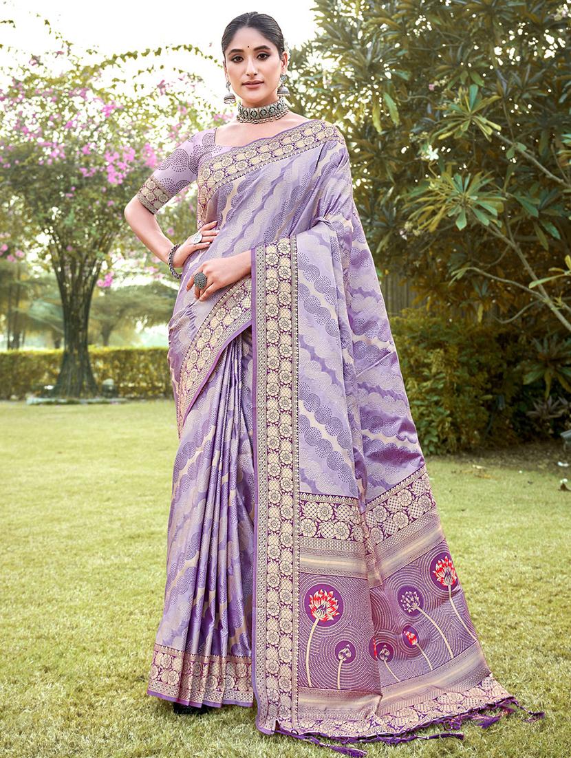 women lavender printed bordered saree with blouse - 20864217 -  Zoom Image - 0