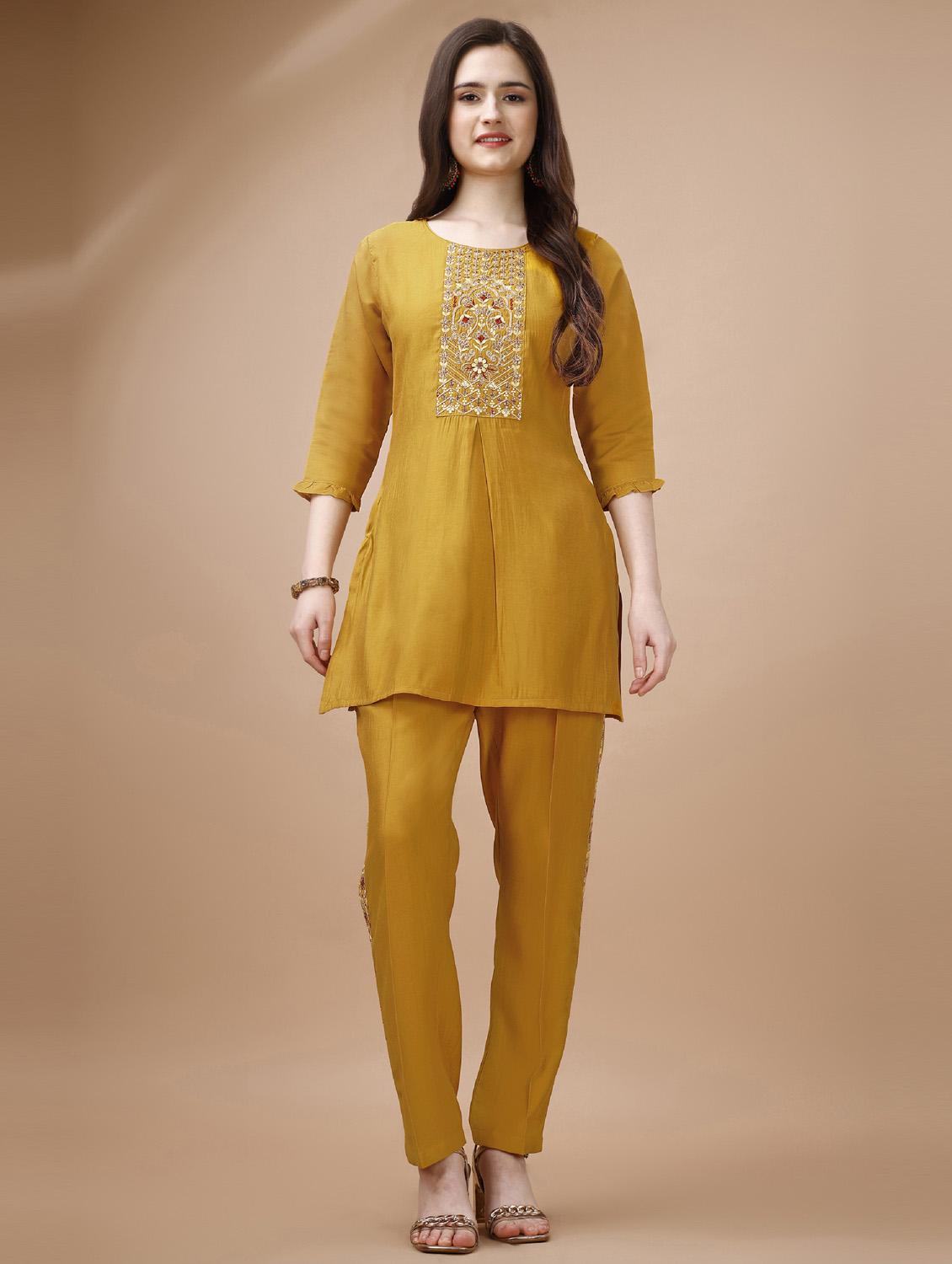mustard three quarter sleeve ethnic co-ord set