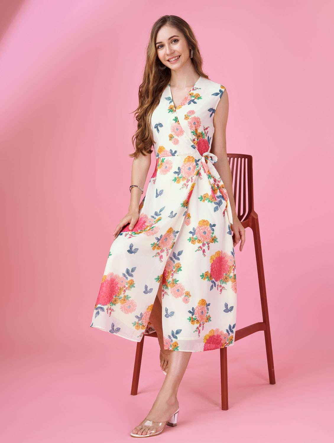 white floral printed wrap dress