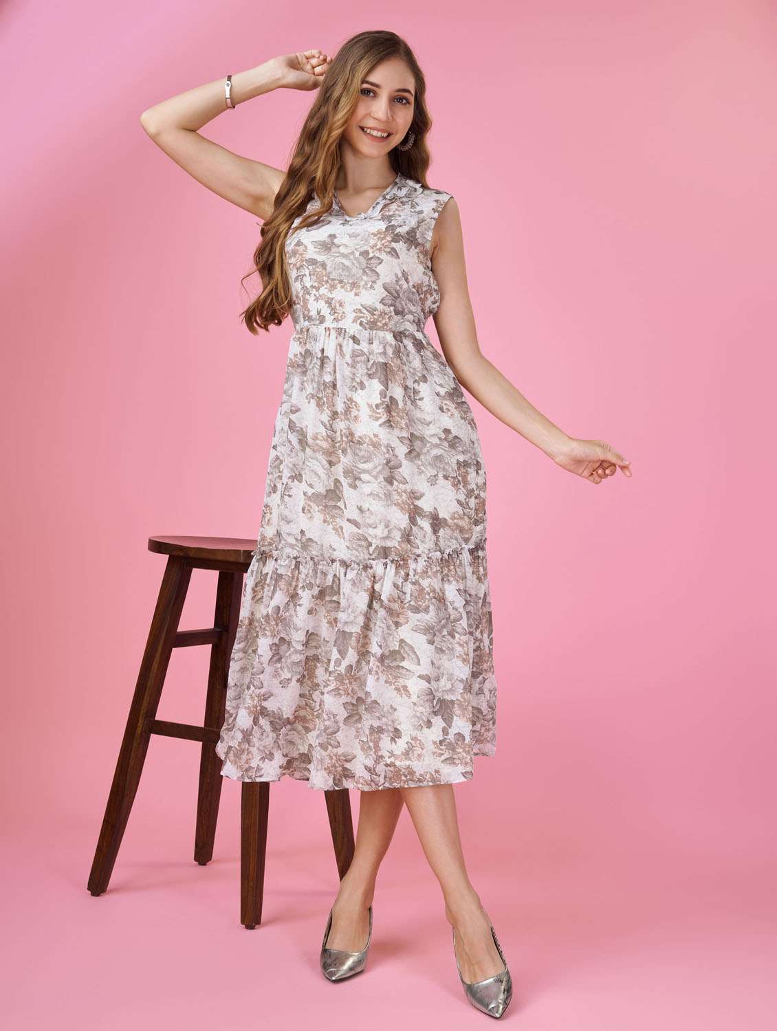 cream floral printed tiered dress dress