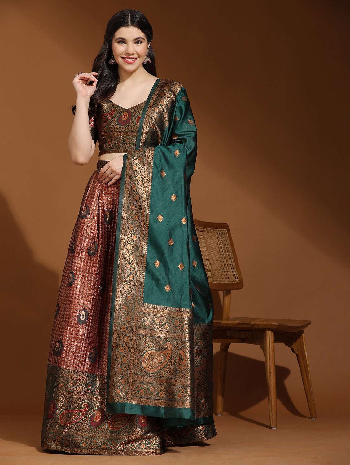 women maroon unstitched banarasi lehenga choli with dupatta