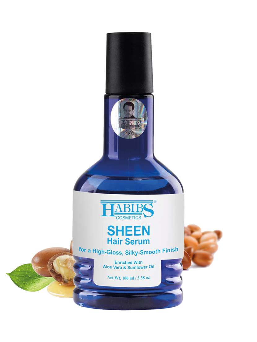 habibs sheen hair serum for smooth anti-frizz high-gloss, silky-smooth finish enriched with aloe vera & sunflower oil 100 ml