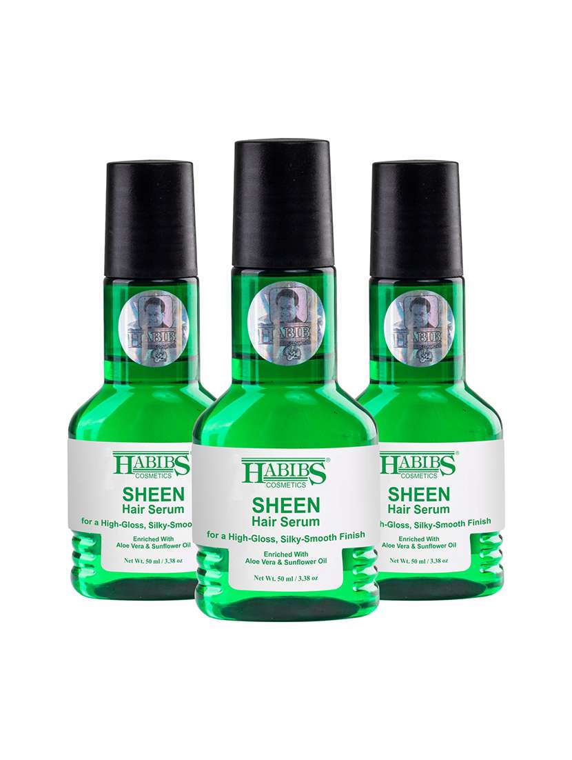 habibs sheen hair serum for smooth anti-frizz high-gloss, silky-smooth finish enriched with aloe vera & sunflower oil 50 ml